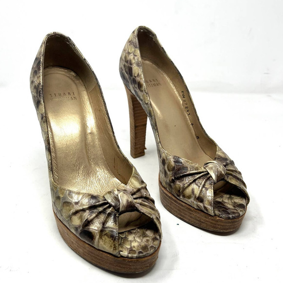 Stuart Weitzman Snake Skin Python Pattern Peep Toe Platform Pumps Brown Size 6M - Picture 1 of 10